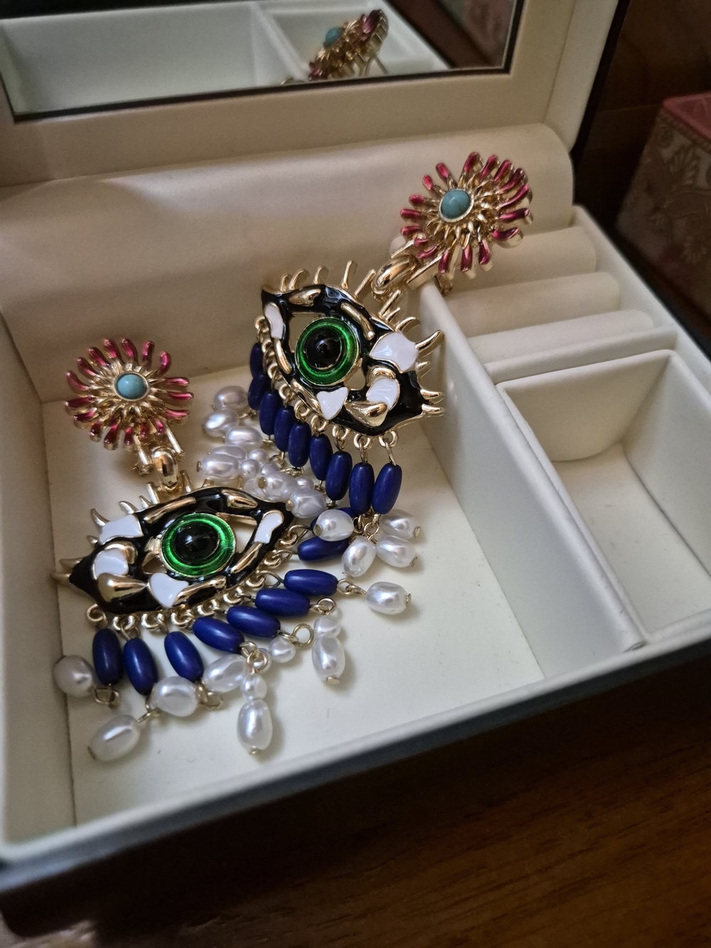 Gold-Tone Multicolor Eye Drop Earrings with Blue Beads and Pearl Dangles